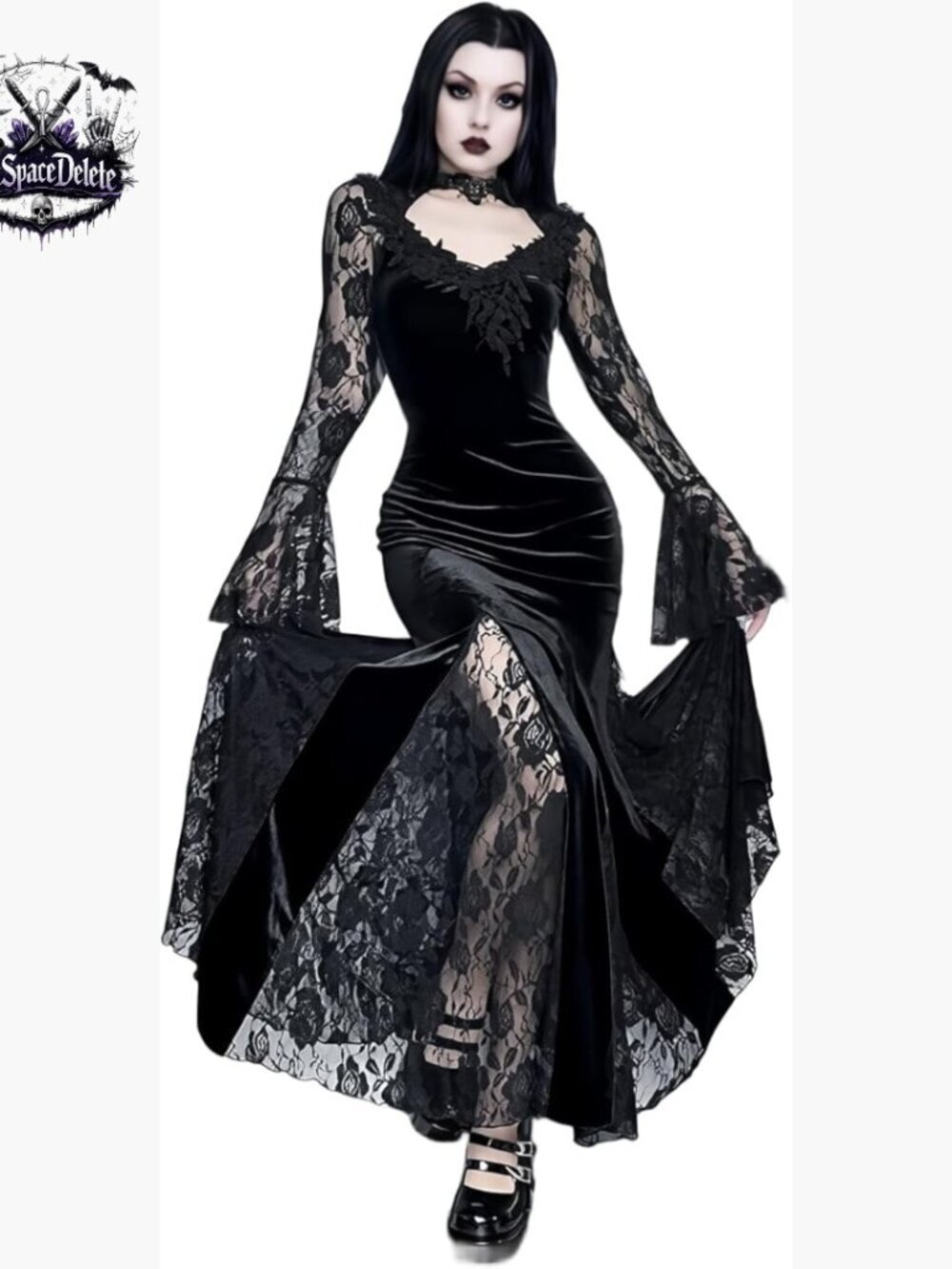 Gothic Slim Lace Fishtail Long Sleeve Formal Mermaid Dress